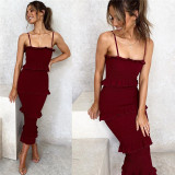 Women Multilayer Pleated Ruffles Sling Maxi Bodycon Sexy Dress