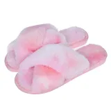 Adult Cozy Soft Plush Fleece Gradient Mulitcolor Cross Open Toe Slides Winter Warm Sole Slippers