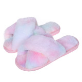 Adult Cozy Soft Plush Fleece Gradient Mulitcolor Cross Open Toe Slides Winter Warm Sole Slippers