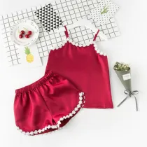 Toddler Girls Lace Flowers Summer Short Pajamas Rayon Silk Sleepwear Set