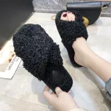 Cozy Soft Plush Big Curls Fleece Cross Open Toe Slides Indoor Outdoor House Winter Warm Slippers