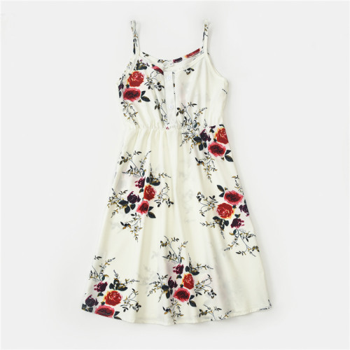 Mommy and Me Matching Printing Flowers Sling Maxi White Dresses