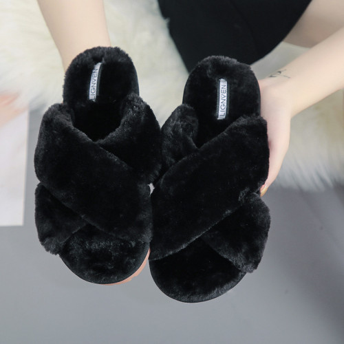 Cozy Soft Plush Fleece Cross Open Toe Slides Indoor Outdoor Winter Warm Slippers