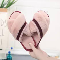 Adult Cozy Strips Soft Plush Fleece Cross  Open Toe Slides Indoor Outdoor House Winter Warm Sole Slippers