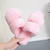 Cozy Soft Plush Fleece Two Belts Open Toe Slingback Slides Indoor Outdoor House Winter Warm Slippers