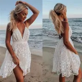 Women Deep V-Neck Embroidery Flowers Hollow Out Backless Lace Dress