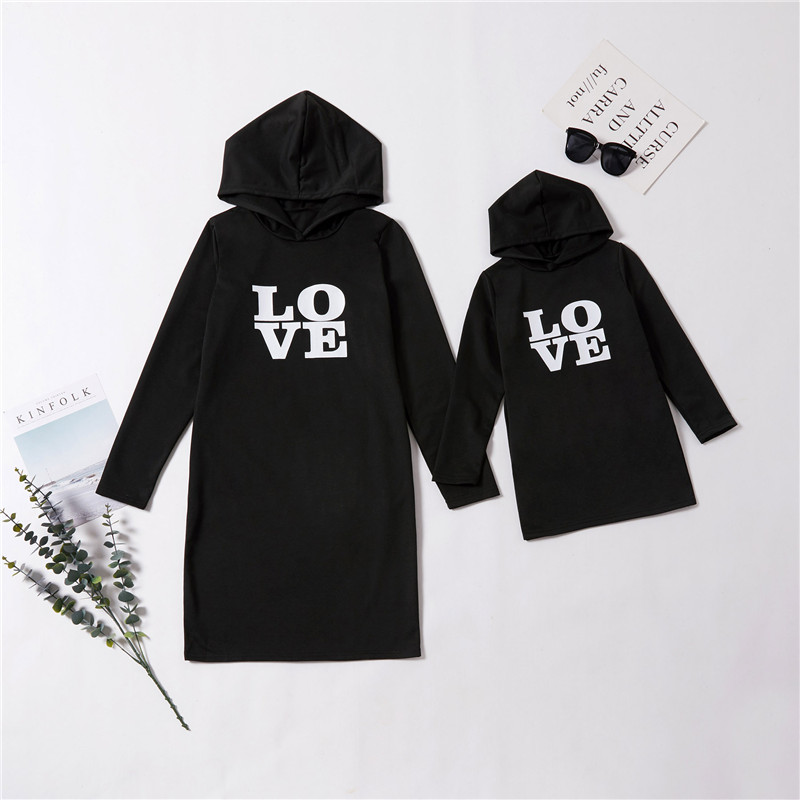Mommy and Me Matching Prints Letter LOVE Hooded Dress