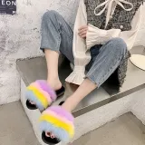 Cozy Soft Rainbow Matching Color Plush Fleece Open Toe Indoor Outdoor House Winter Warm Slippers