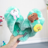 Girl Cozy Soft Plush Fleece Cartoon Rabbit Bear Duck Cross Open Toe Slides Indoor House Winter Warm Slippers