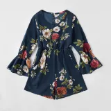 Mommy and Me Matching Prints Flowers Ruffled Long Sleeve Jumpsuit Romper
