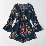 Mommy and Me Matching Prints Flowers Ruffled Long Sleeve Jumpsuit Romper