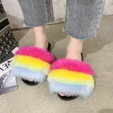 Cozy Soft Rainbow Matching Color Plush Fleece Open Toe Indoor Outdoor House Winter Warm Slippers