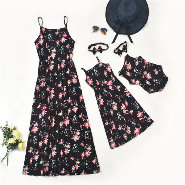 Mommy and Me Matching Printing Flowers Sling Maxi Black Dresses
