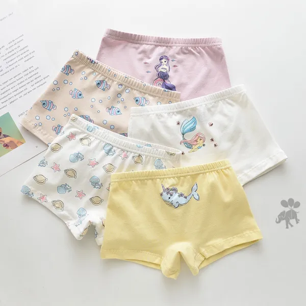 Kid Girls 5 Packs Print Mermail Fish Seastars Boxer Briefs Cotton Underwear