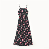 Mommy and Me Matching Printing Flowers Sling Maxi Black Dresses