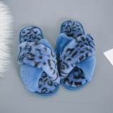Cozy Soft Plush Fleece Single Leopard Print Cross Open Toe Slides Indoor Outdoor House Winter Warm Slippers