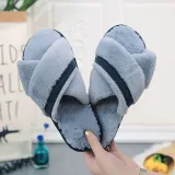 Adult Cozy Strips Soft Plush Fleece Cross  Open Toe Slides Indoor Outdoor House Winter Warm Sole Slippers