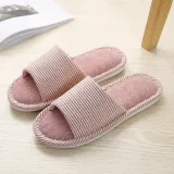 Couples Cozy Soft Striped Memory Foam Cotton Linen Open Toe Slides House Home Slippers