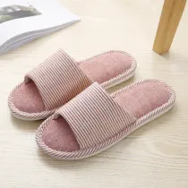 Couples Cozy Soft Striped Memory Foam Cotton Linen Open Toe Slides House Home Slippers