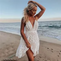 Women Deep V-Neck Embroidery Flowers Hollow Out Backless Lace Dress