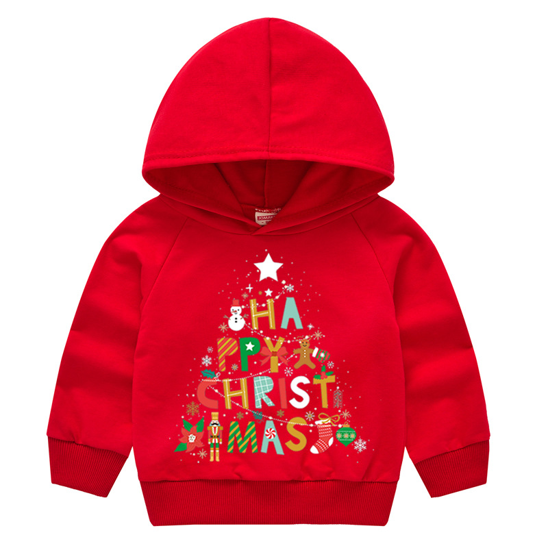 Toddler Kids Merry Christmas Tree Slogan Letters Hooded Sweatshirt