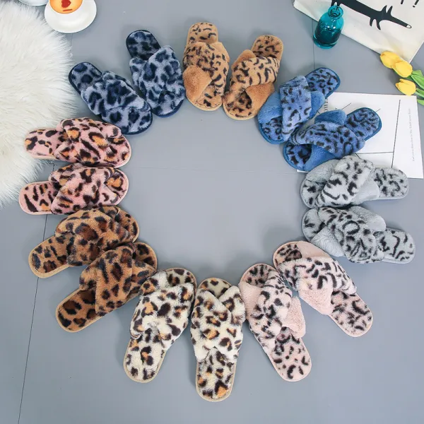 Cozy Soft Plush Fleece Leopard Open Toe Indoor Outdoor House Winter Warm Slippers
