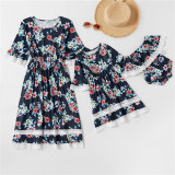 Mommy and Me Matching Lace Floral Round Neck Navy Dresses