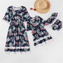 Mommy and Me Matching Lace Floral Round Neck Navy Dresses