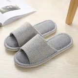 Couples Cozy Soft Striped Memory Foam Cotton Linen Open Toe Slides House Home Slippers