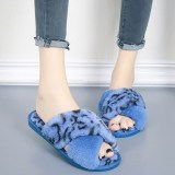 Cozy Soft Plush Fleece Single Leopard Print Cross Open Toe Slides Indoor Outdoor House Winter Warm Slippers