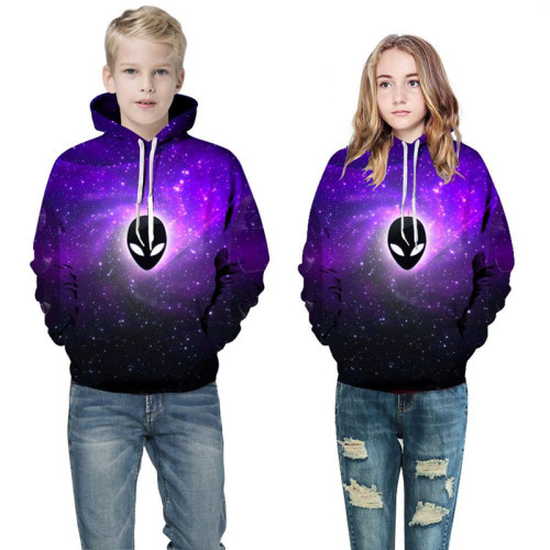 Toddler Kids Girl Boy 3D Print Purple Space Alien Ufo Hooded Sweatshirts
