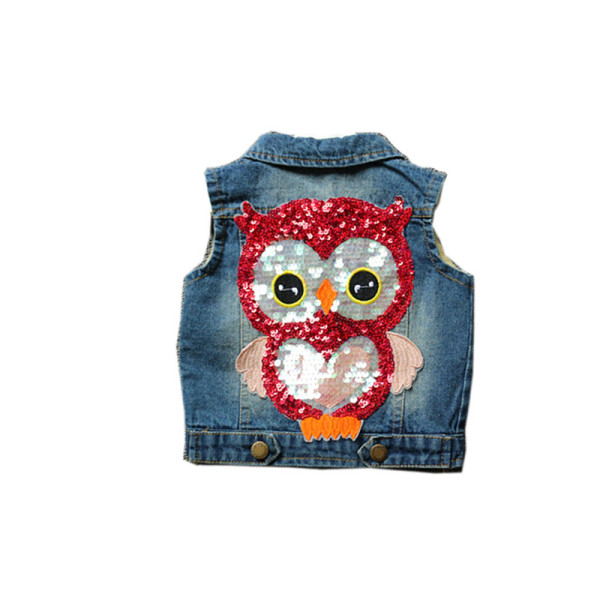 Toddler Kids Girl Sequins Owl Denim Vest Jacket Outerwear
