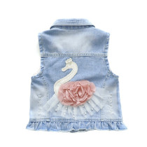 Toddler Kids Girl Print Pink Flower Pearls Swan Denim Vest Jacket Outerwear