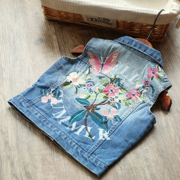 Toddler Kids Girl Embroidered Butterfly Flowers Vest Denim Jacket Outerwear