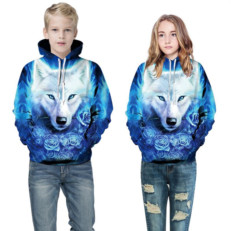 Toddler Kids Girl Boy 3D Print Blue Wolf Hooded Sweatshirts
