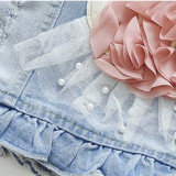 Toddler Kids Girl Print Pink Flower Pearls Swan Denim Vest Jacket Outerwear