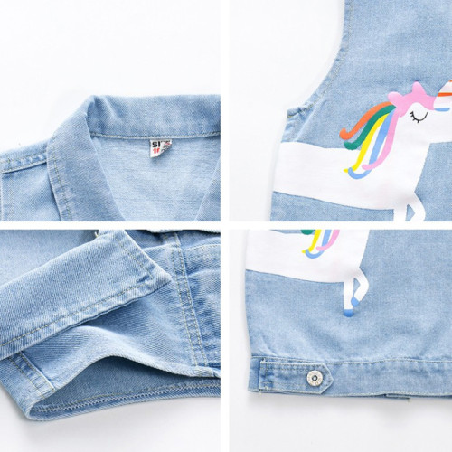 Toddler Kids Girl Print Unicorn Letter Denim Vest Jacket Outerwear