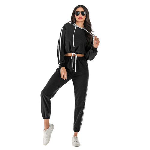 Women Long Sleeves Hooded Short Stripes Top and Sports Pants Two-piece Sets