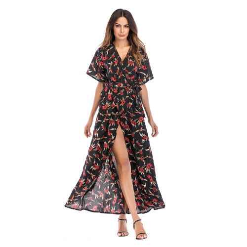 Women Floral Print Split V-neck Wrap Maxi Dress