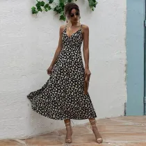 Wome Floral Print High Waist V-neck Slip Backless Maxi Dress