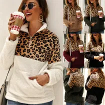 Women Plush Leopard Pullover Long Sleeves Sweatshirt Tops