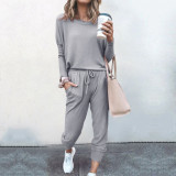 Women Round Neck Pullover Long Sleeves Top and Sport Pant Casual Two-piece Sets