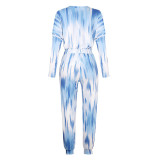 Women Tie Dye Blue Round Neck Long Sleeves Casual Lounge Sets
