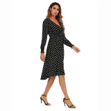 Women White Dots V-neck High Waist Longe Sleeves A-line Dress