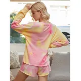 Women Tie-Dye Long Sleeves Pullover Tops and Shorts Home Casual Lounge Sets