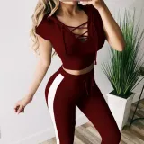Women V-Neck Lace Up Hooded Short Sleeve Tops and White Stripes Pants Skinny Sports Sets