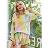 Women Tie-Dye Long Sleeves Pullover Tops and Shorts Home Casual Lounge Sets