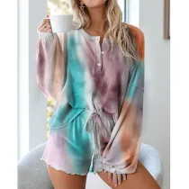 Women Tie-Dye Long Sleeves Tops and Shorts Home Casual Lounge Sets