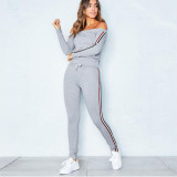 Women Off The Shoulder Top and 3 Colors Stripes Pant Sports Tow-piece Sets