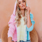 Women Tie Dye Ombre Color Matching Long Sleeve Hooded Pullover Sweatshirt Tops